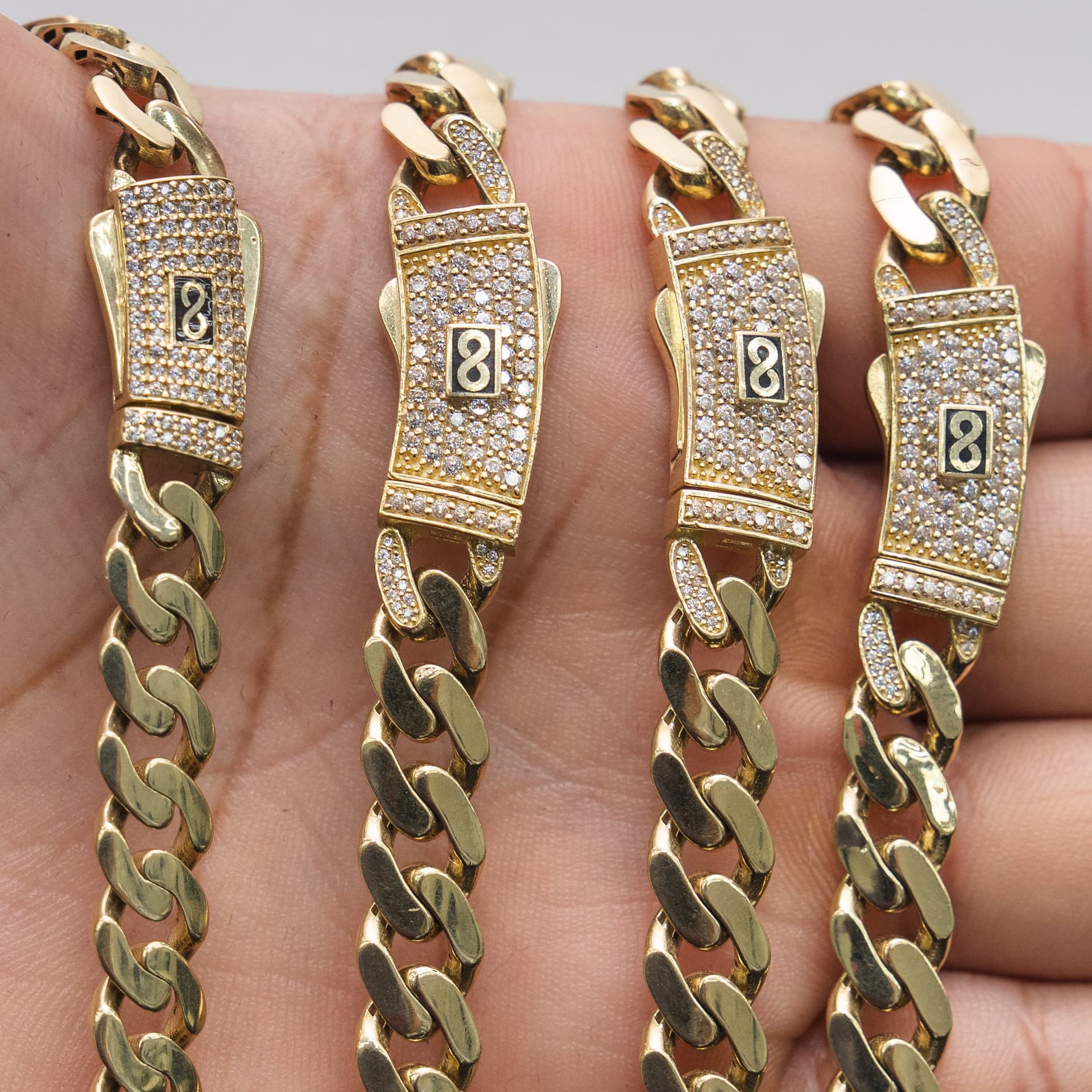 Hollow 14K Yellow Gold Miami Cuban Chain, 8.5mm Wide, Set with Cubic Zirconia (CZ), Made To Order., view 5