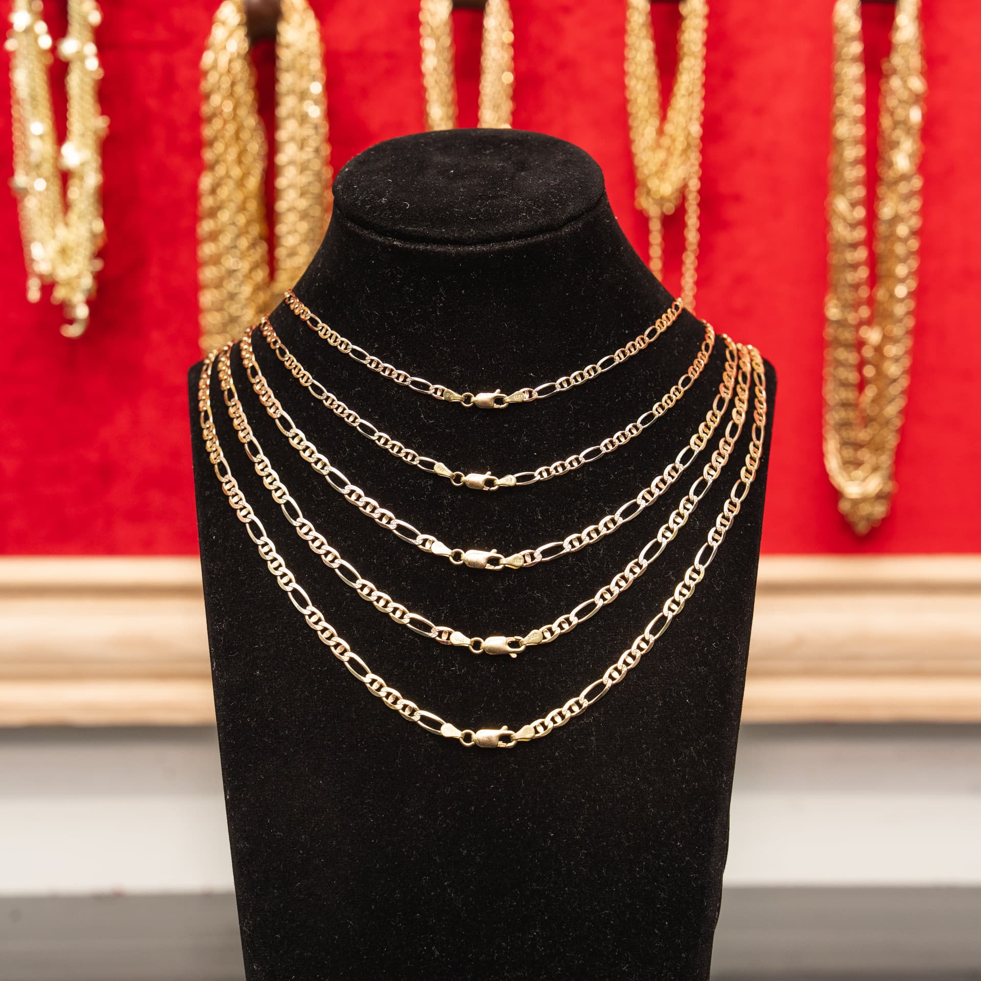 Solid 14K Tri-tone Gold Figaro Chain, 4.5mm Wide, Diamond-cut Finish, Made To Order.
