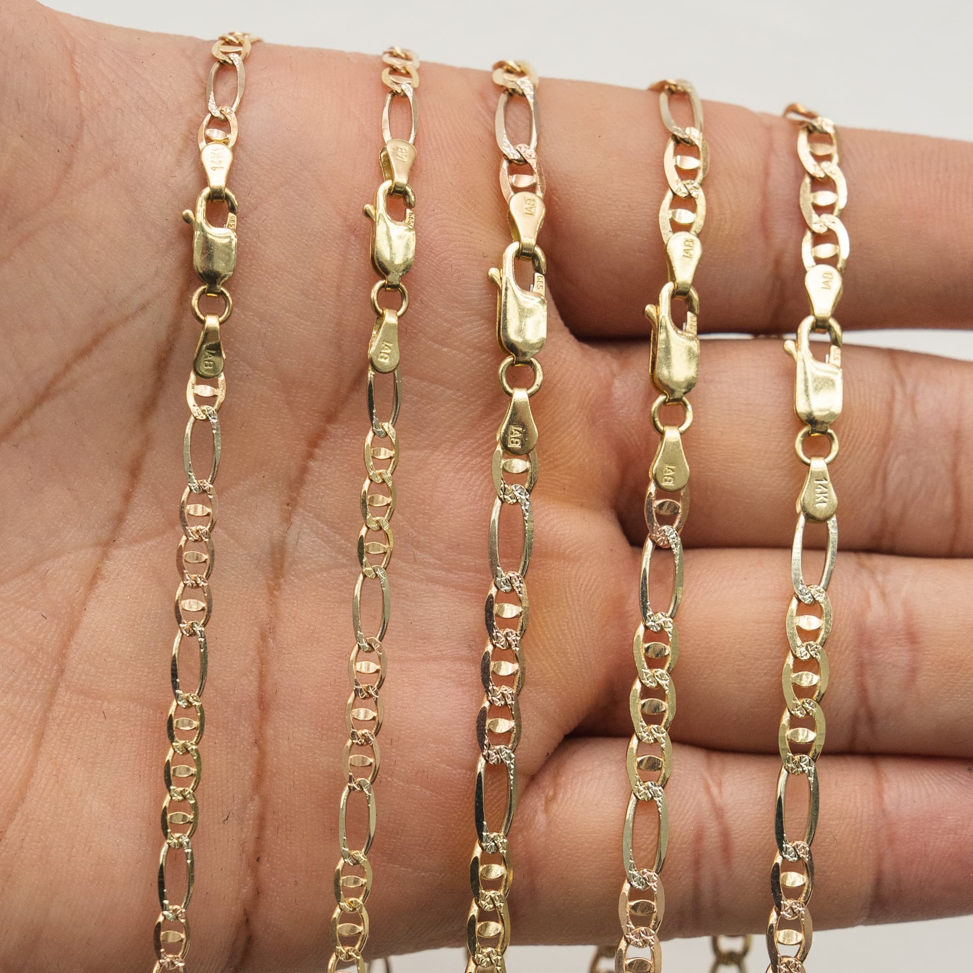 Solid 14K Tri-tone Gold Figaro Chain, 4.5mm Wide, Diamond-cut Finish, Made To Order., view 4