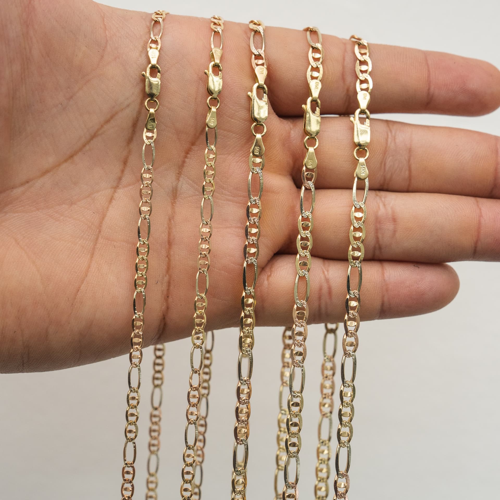 Solid 14K Tri-tone Gold Figaro Chain, 4.5mm Wide, Diamond-cut Finish, Made To Order., view 5