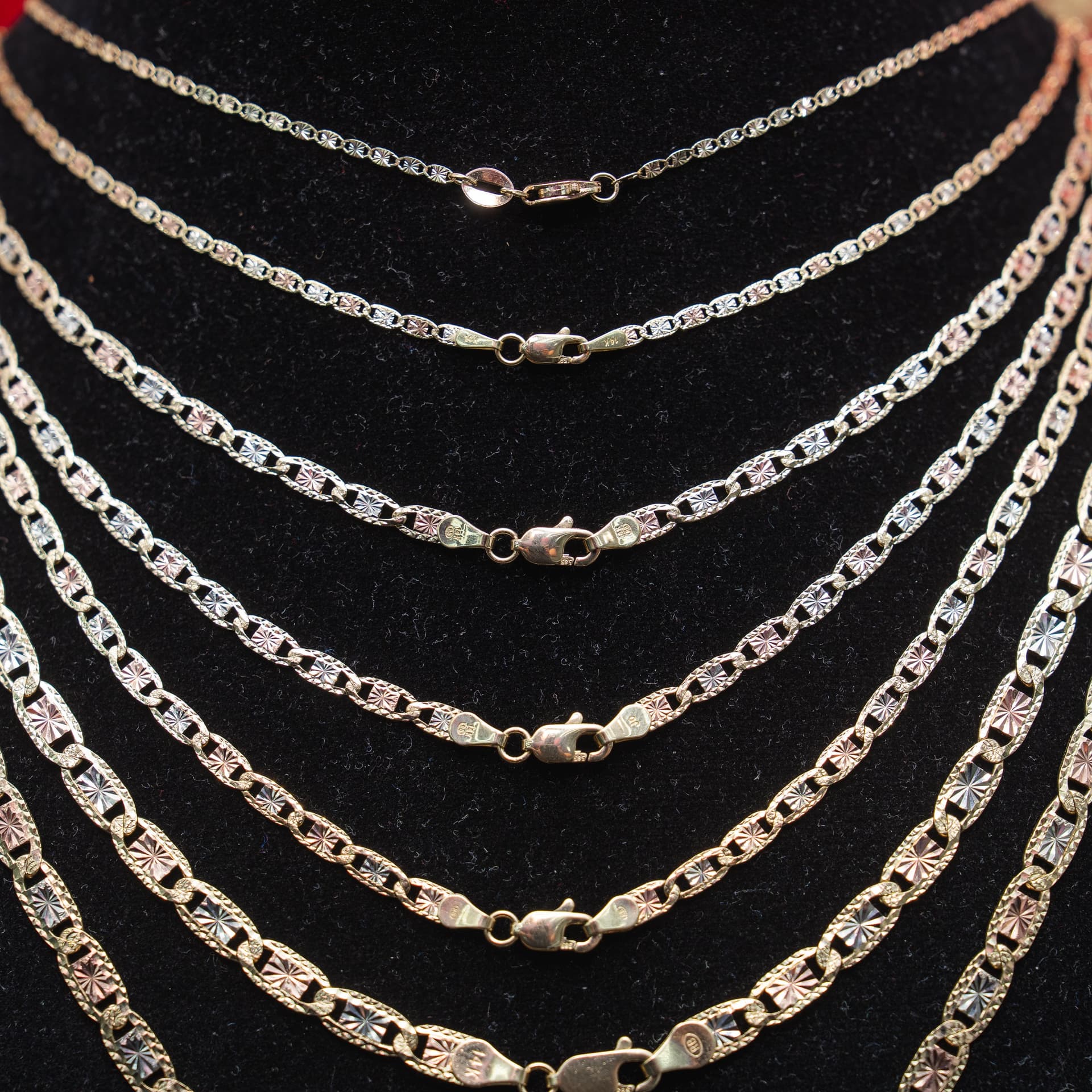 14K Tri-Tone Gold Square Valentino Chain, 4mm with Diamond-Cut Finish