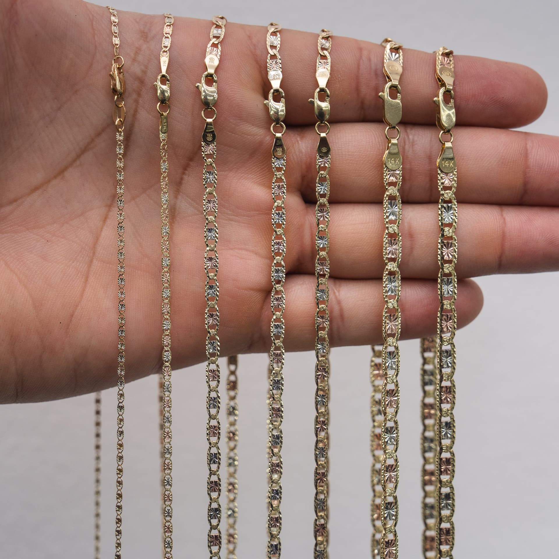 Solid 14K Tri-tone Gold Square Valentino Chain, 5mm Wide, Diamond-cut Finish, Made To Order., view 4