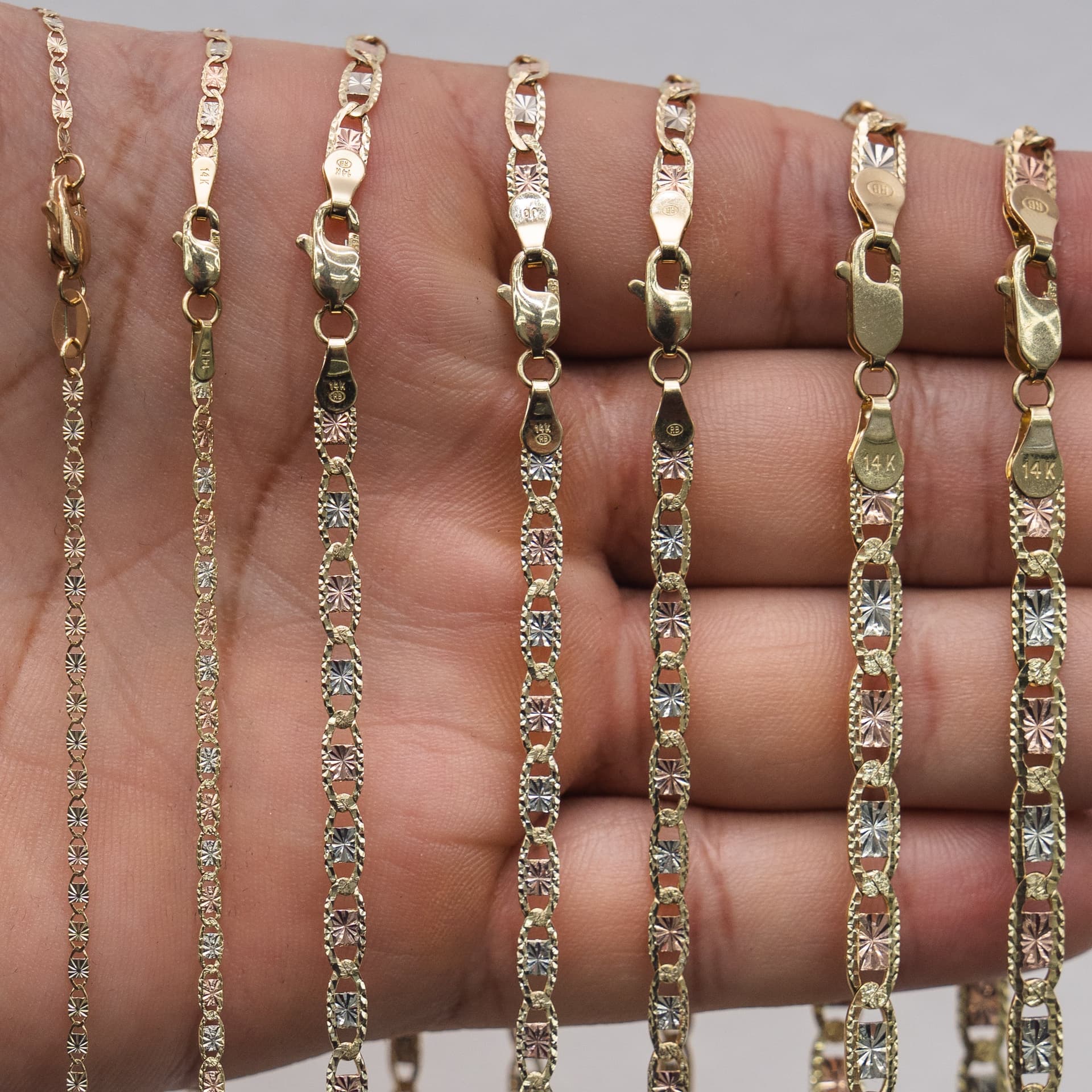 Solid 14K Tri-tone Gold Square Valentino Chain, 5mm Wide, Diamond-cut Finish, Made To Order., view 5