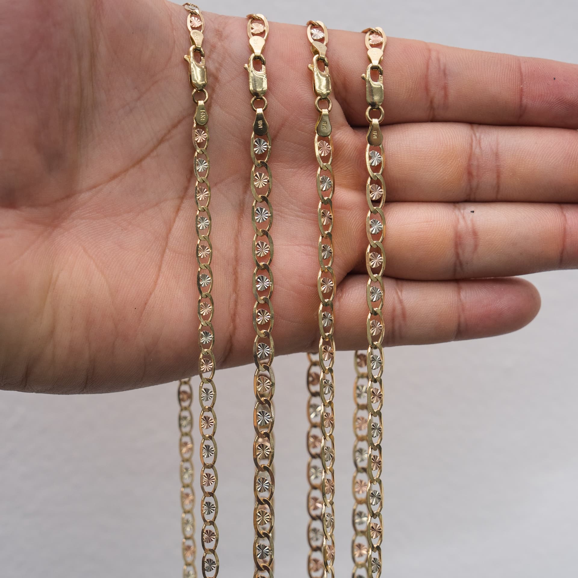 Solid 14K Tri-tone Gold Heart Valentino Chain, 5mm Wide, Made To Order., view 4