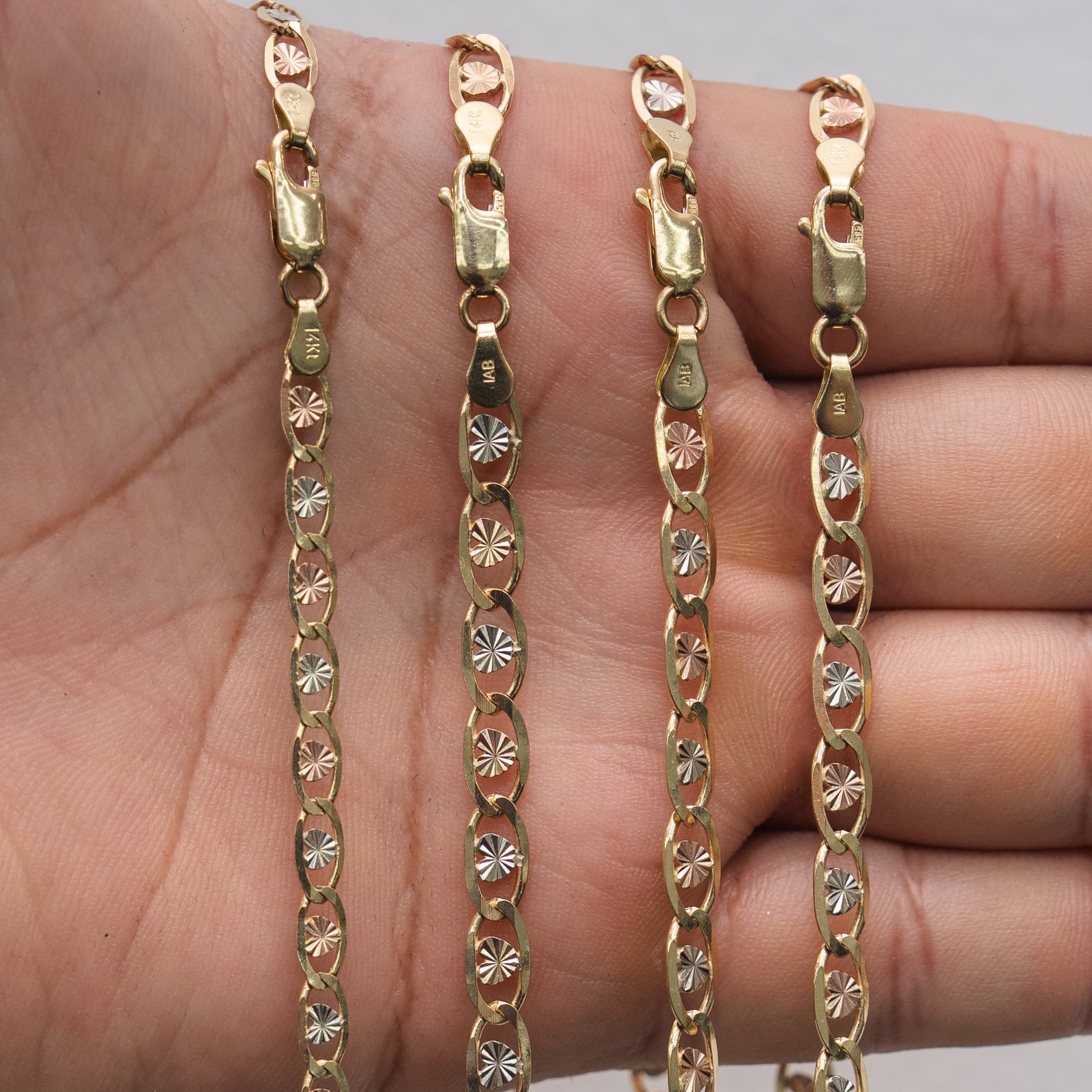 Solid 14K Tri-tone Gold Heart Valentino Chain, 5mm Wide, Made To Order., view 5