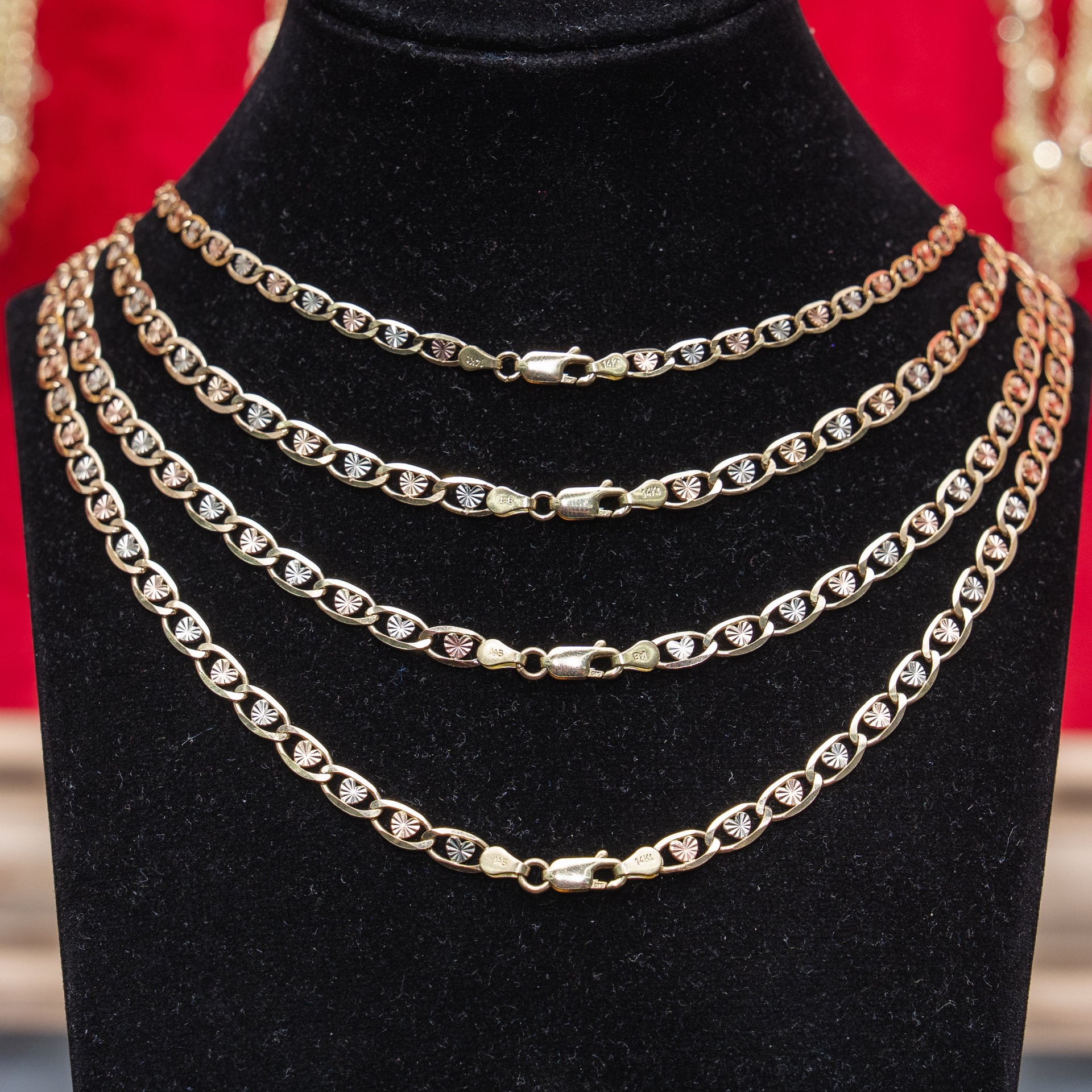 Solid 14K Tri-tone Gold Heart Valentino Chain, 5.5mm Wide, Made To Order.