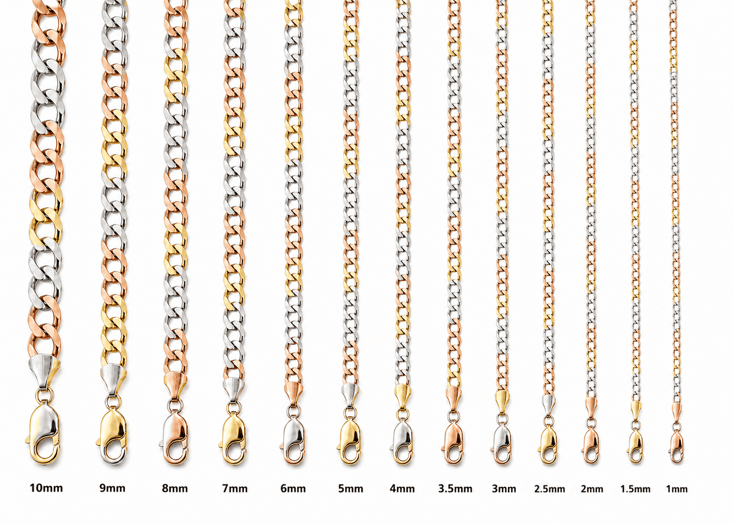 Solid 14K Tri-tone Gold Curb Chain, 5.5mm Wide, Made To Order., view 5