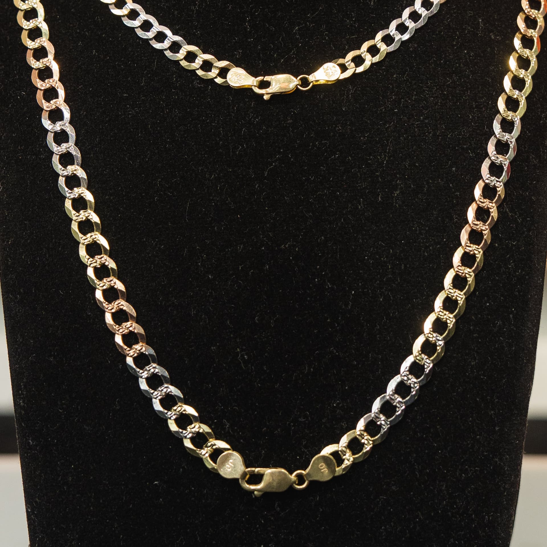 Solid 14K Tri-tone Gold Curb Chain, 7mm Wide, Made To Order., view 3