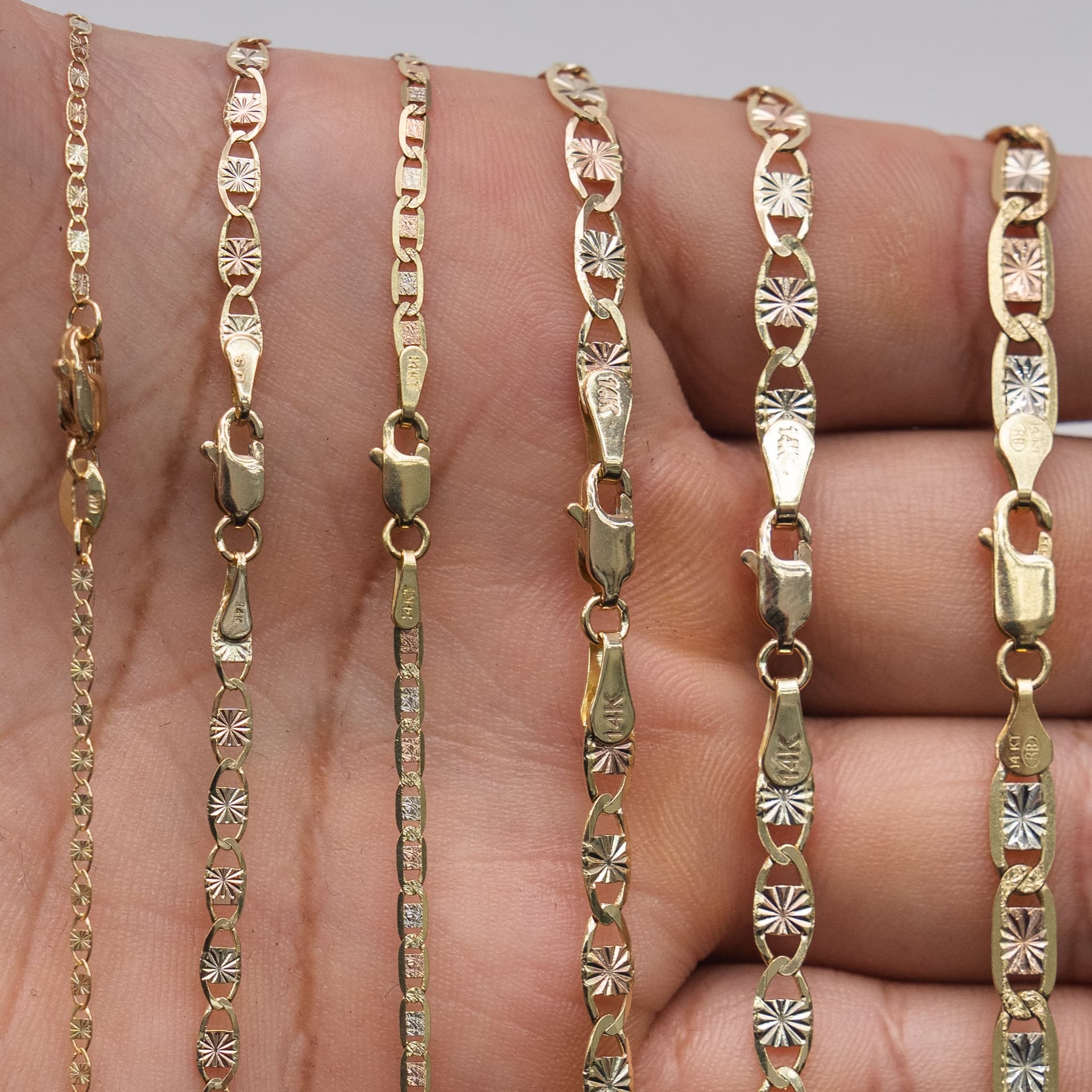 Solid 14K Tri-tone Gold Square Valentino Chain, 2.5mm Wide, Made To Order., view 4