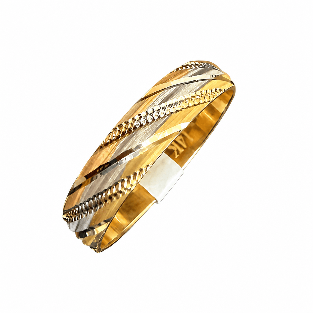 Hollow 14K Tri-tone Gold Band, Diamond-cut Finish, 4mm Wide, Made To Order.