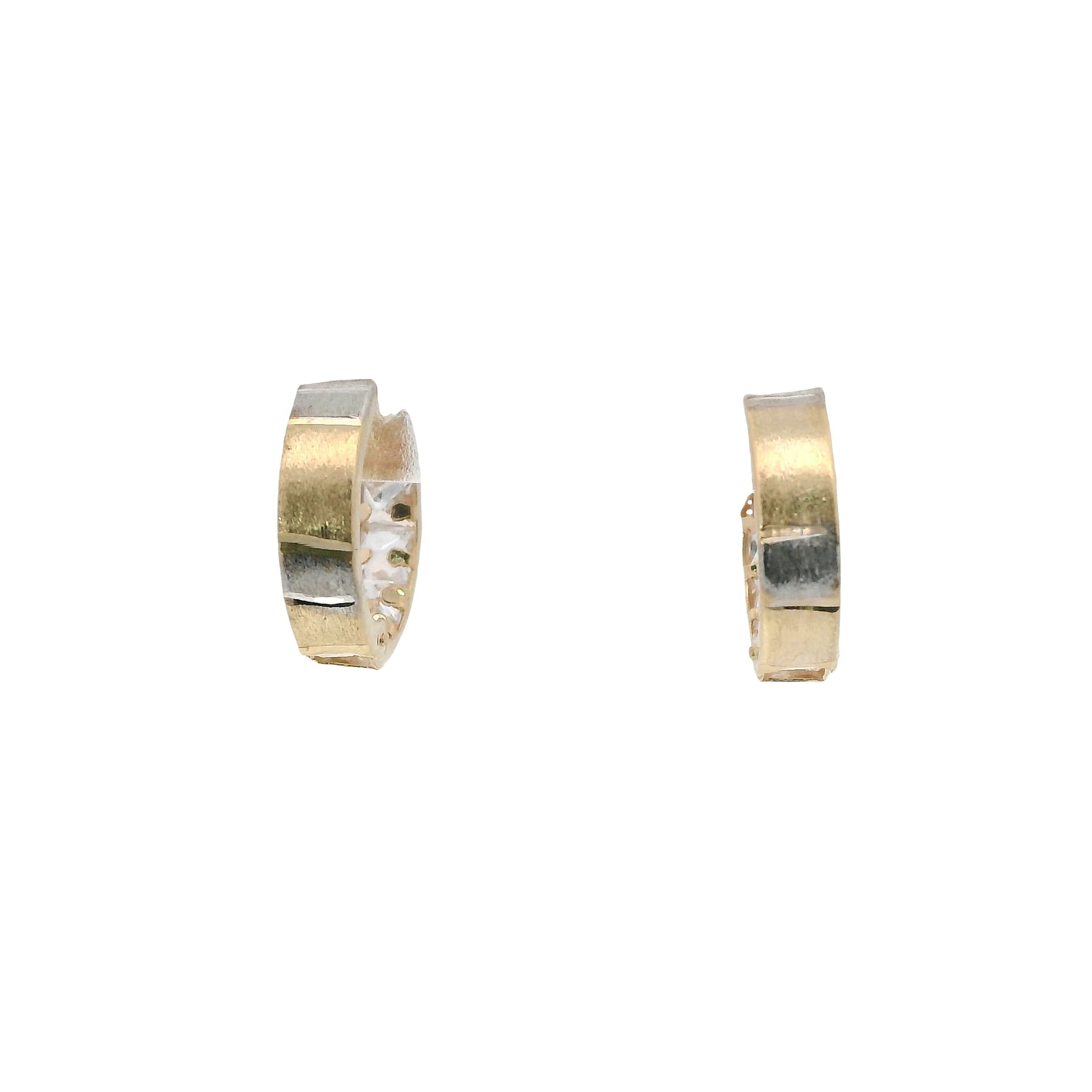 Solid 14K Two-tone Gold Huggie Earrings, Set with Cubic Zirconia (CZ), Diamond-cut Finish, Made To Order.
