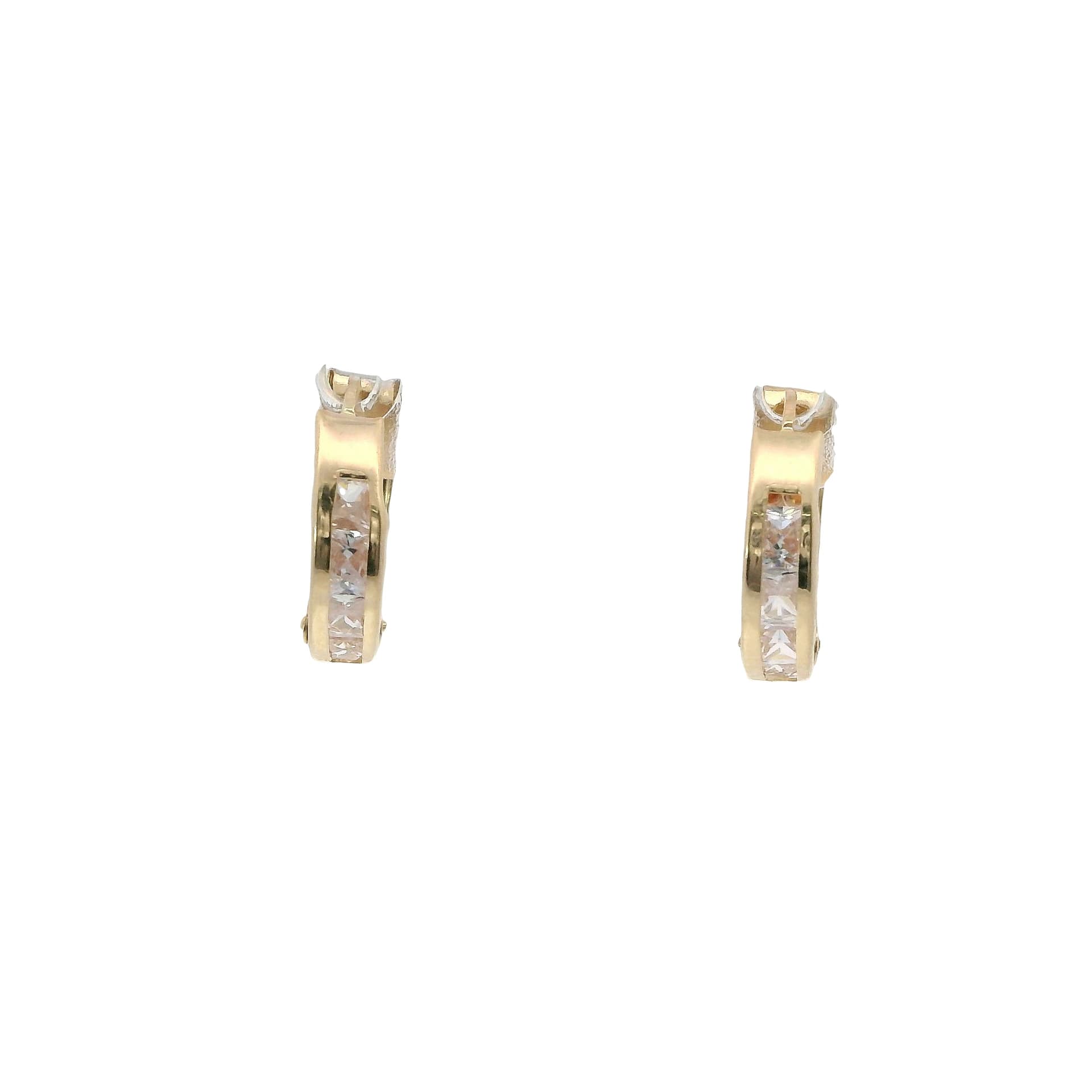 Solid 14K Two-tone Gold Huggie Earrings, Set with Cubic Zirconia (CZ), Diamond-cut Finish, Made To Order., view 3