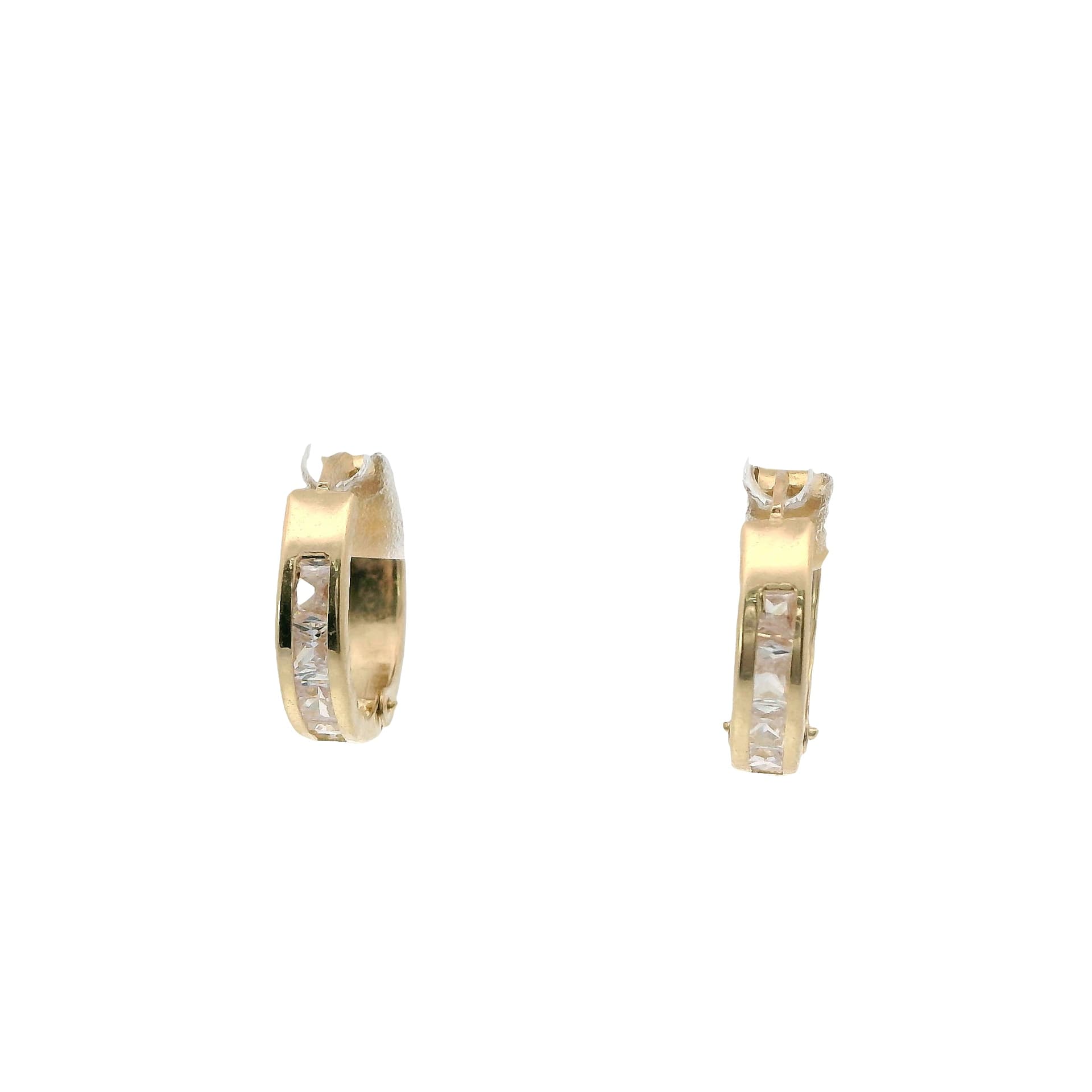 Solid 14K Two-tone Gold Huggie Earrings, Set with Cubic Zirconia (CZ), Diamond-cut Finish, Made To Order., view 4