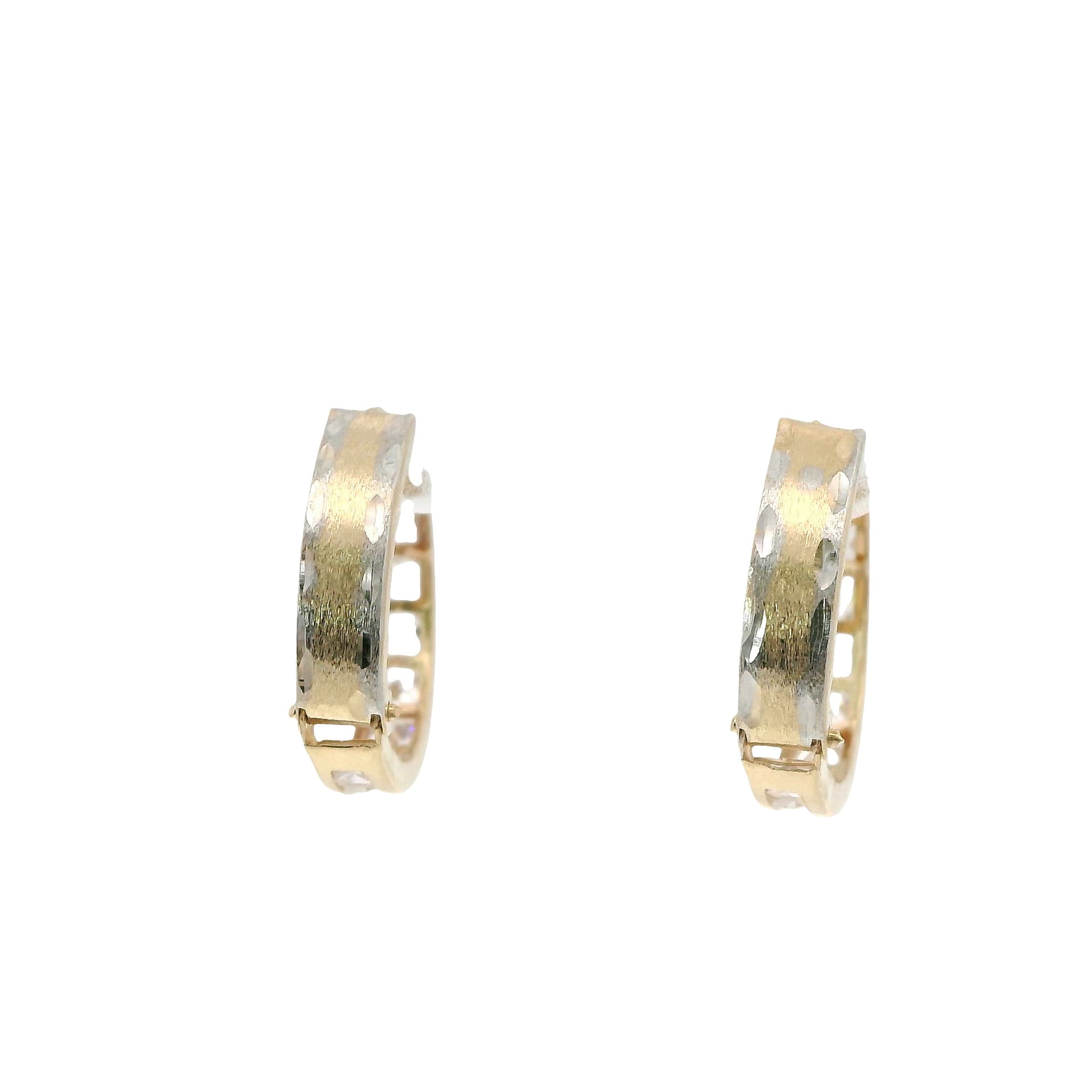 Solid 14K Two-tone Gold Huggie Earrings, Set with Cubic Zirconia (CZ), Diamond-cut Finish, Made To Order.
