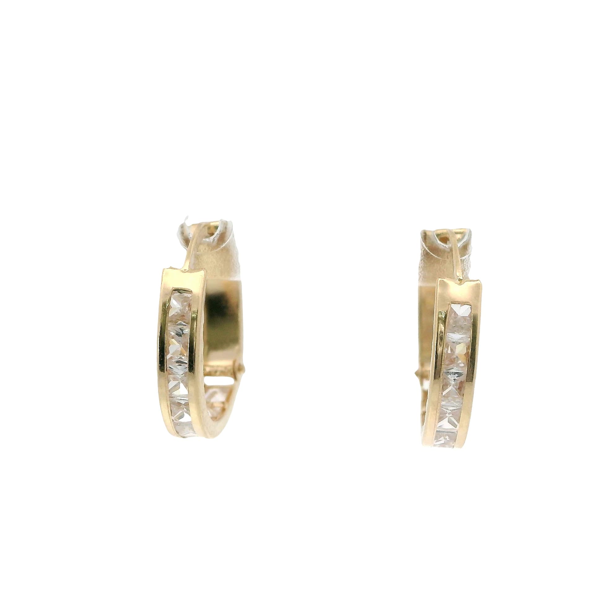 Solid 14K Two-tone Gold Huggie Earrings, Set with Cubic Zirconia (CZ), Diamond-cut Finish, Made To Order., view 3