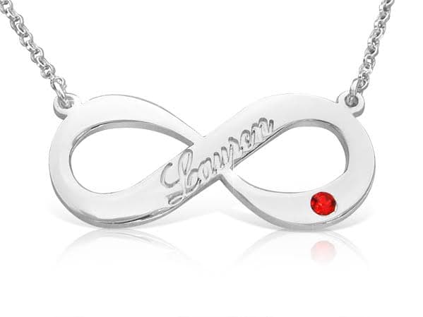 Engraved Infinity Name Necklace with Crystal Birthstone