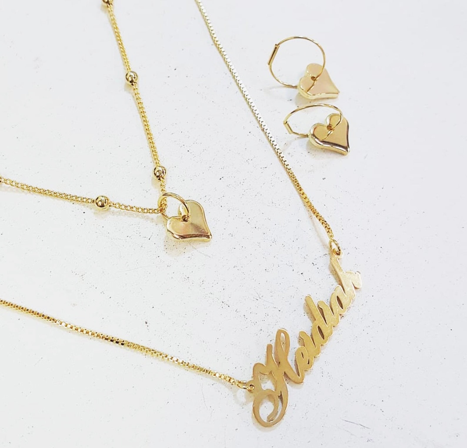 Layer Set of Personalized Necklace, Heart Necklace and Matching Earrings