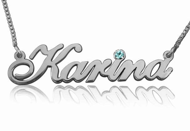 Karina Style Silver Name Necklace with Crystal Birthstone, Any Name!
