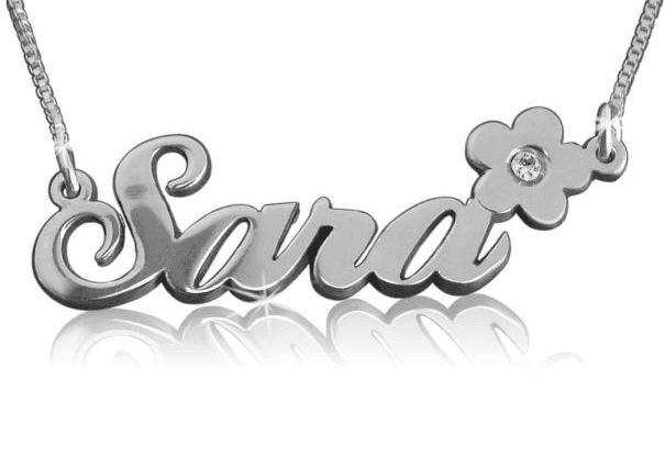 Sara Style Name Necklace with Flower and Crystal Birthstone