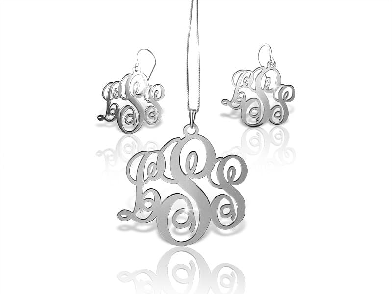 Set of Earrings and Monogram Necklace Script Style