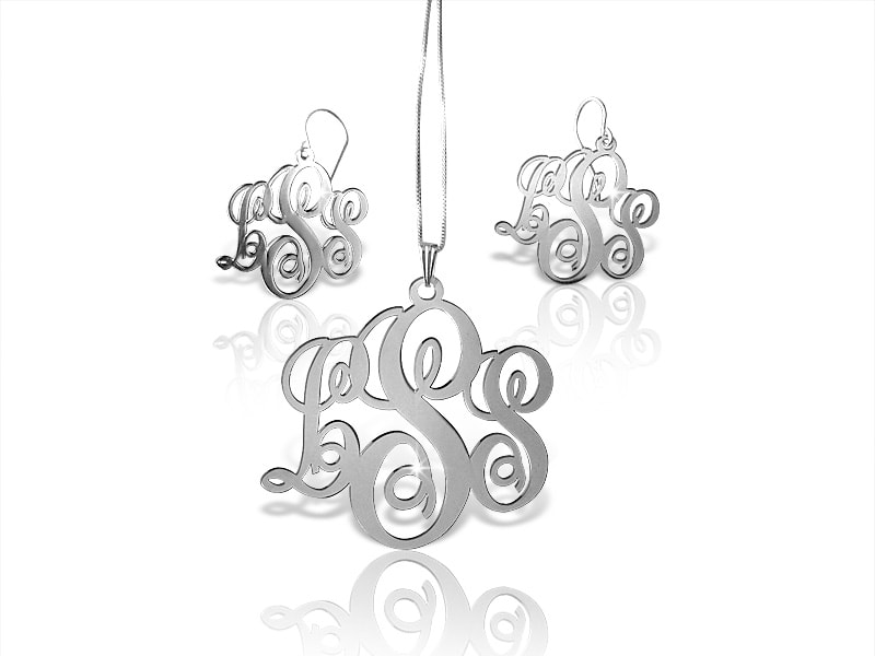 Set of Earrings and Monogram Necklace Script Style