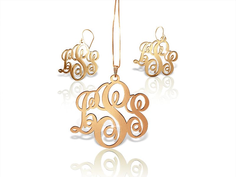 Set of Earrings and Monogram Necklace Script Style, view 4