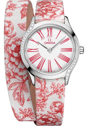 Omega De Ville Mini Tr√©sor Quartz White / Pink Roman Markers Dial on Fabric Strap Ref. 428.17.26.60.04.003 with Card — 26mm Stainless Steel case, White / Pink Roman Markers dial, Fabric Strap bracelet. Unworn. New Complete Set.
MSRP: $5300 Diamond weight 0.172ct.
