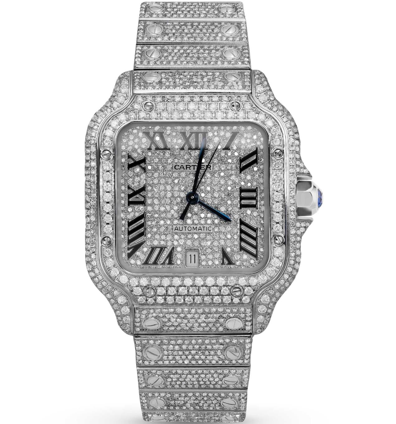 Cartier Santos WSSA0018 — 40mm Stainless Steel case, Roman Diamond dial, Cartier Diamond bracelet. Mint, 2023. Iced Out- Natural Diamonds.