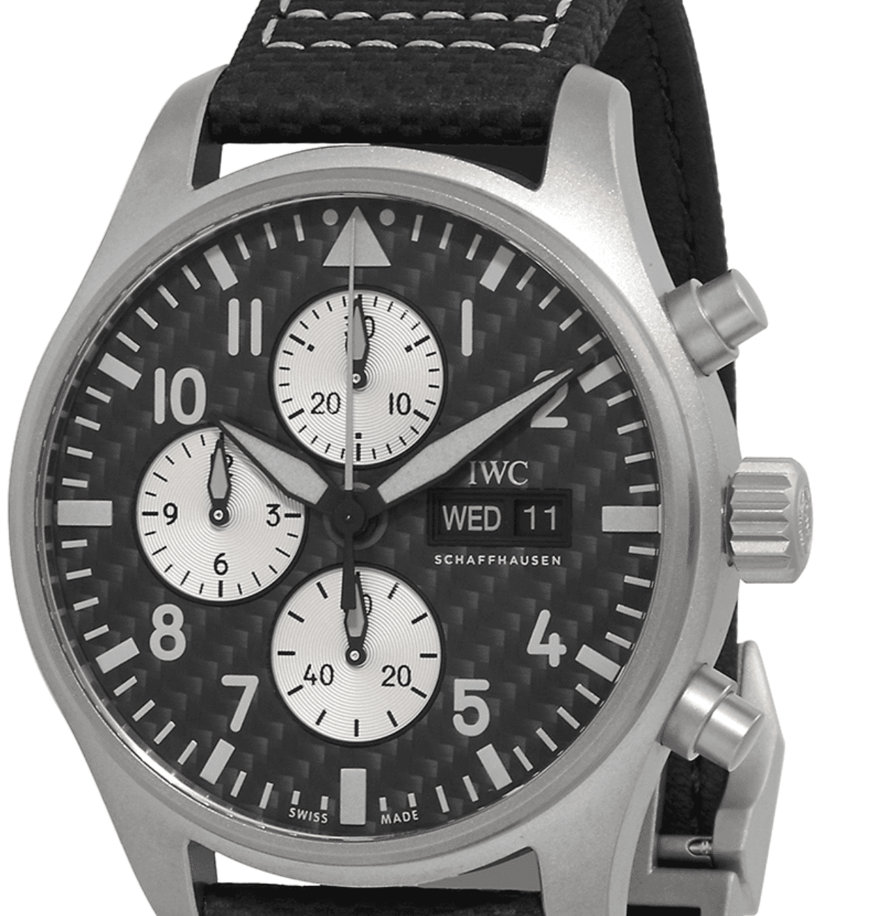 IWC Pilot Spitfire Carbon Arabic numeral Dial on black calfskin band. Ref. IW377903 with Card 2021 — 43mm Titanium case, Carbon Arabic Numeral dial, Black Calfskin Band. bracelet. Very Good, 2021. OG Box, Card, booklets & cleaning cloth.