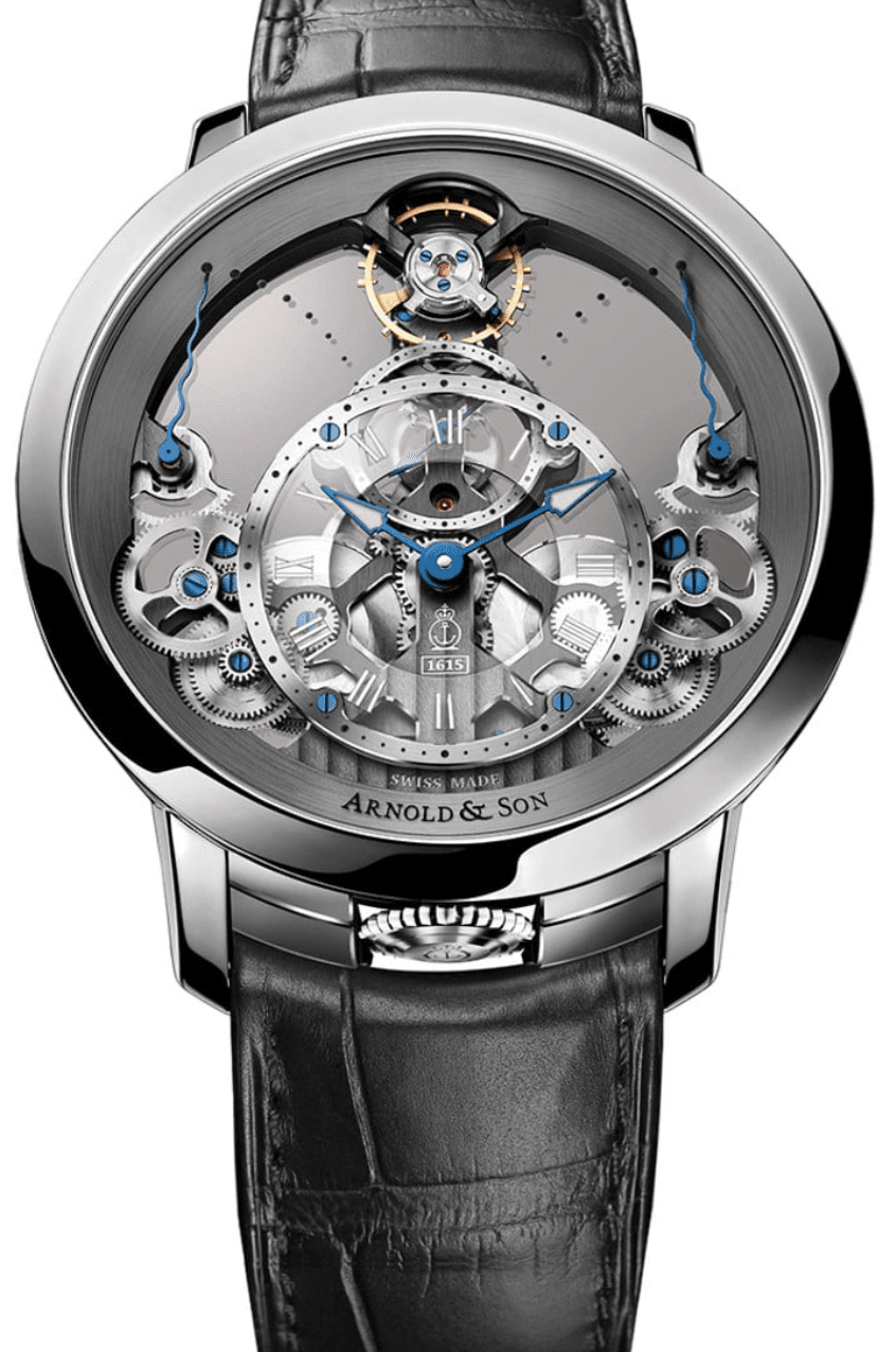 Arnold & Son Time Pyramid Skeleton Dial on Black Leather Strap Ref. 1TPAS.S01A.C124S with Papers — 44mm Stainless Steel case, Skeleton dial, Black Leather Strap bracelet. Good. MSRP 32700.