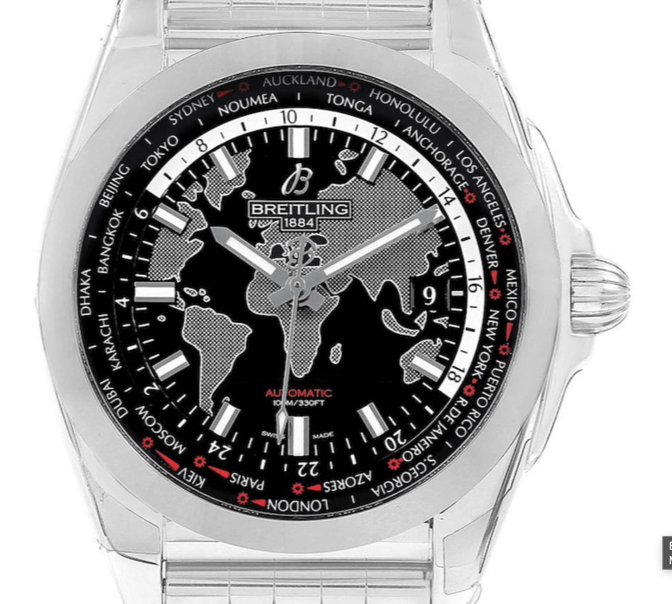 Breitling Galactic Unitime Black Dial on Rubber Strap Ref. WB3510 with Papers — 45mm Stainless Steel case, Black dial, Rubber Strap bracelet. Very Good. Open papers & OG Box ,leather band, the white rubber bracelet has wear marks on it.