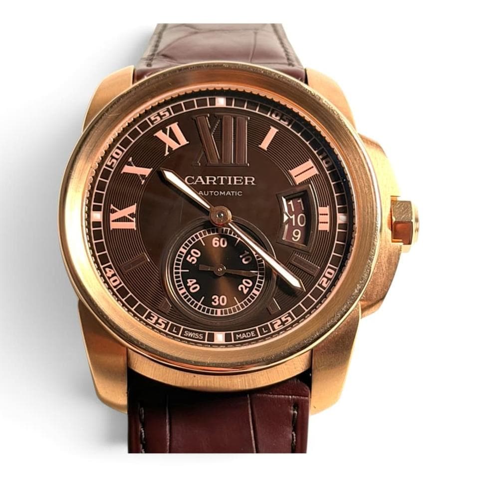 Cartier Calibre W7100007 — 42mm 18K Rose Gold case, Chocolate Roman dial, Brown Leather Strap bracelet. Excellent.
