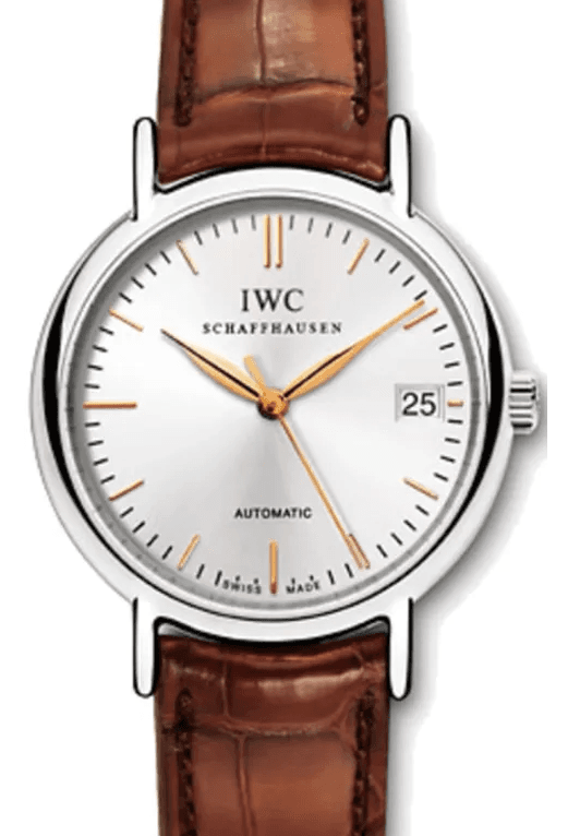 IWC Portofino Automatic Silver Dial on Brown Leather Strap Ref. IW356404 — 34mm Stainless Steel case, Silver dial, Brown Leather Strap bracelet. Good.