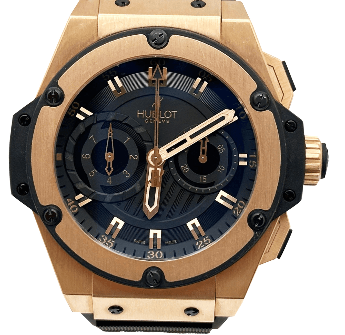 Hublot King Power Foudroyante Black Dial on Rubber-rose gold folding clasp Ref. 715.PX.1128.RX 18K — 48mm 18k Rose Gold case, Black dial, Rubber-rose Gold Folding Clasp bracelet. Good. Limited Edition
Watch N 208/500.