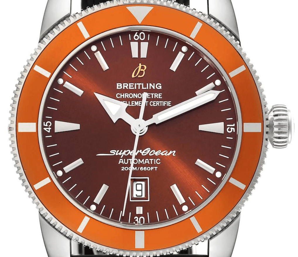 Breitling Superocean Automatic Orange Dial on Stainless Steel Bracelet Ref. A17320/A172Q420CA with Papers 2013 — 46mm Stainless Steel case, Orange dial, Stainless Steel Bracelet bracelet. Good, 2013.