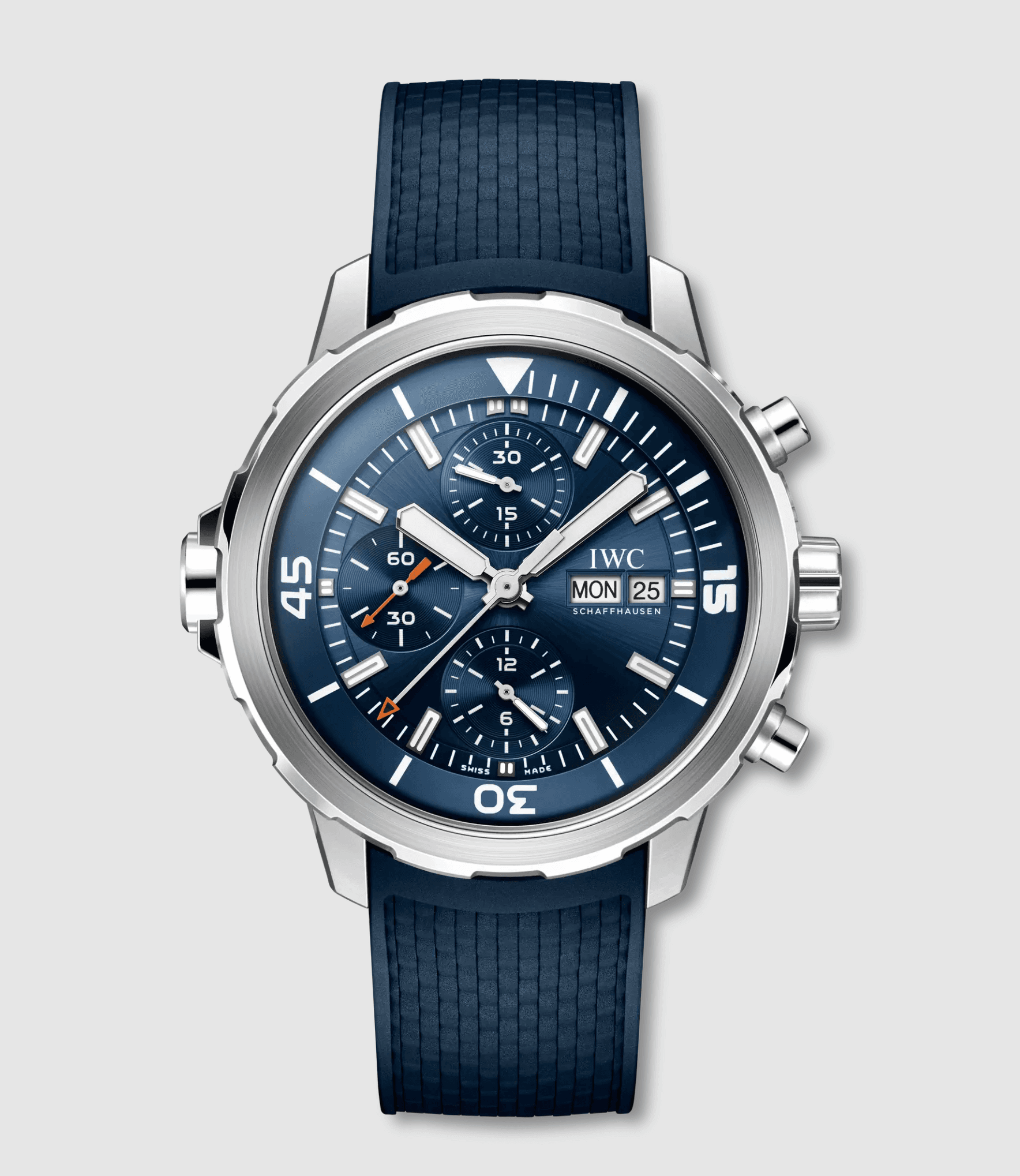 IWC Aquatimer Chronograph Blue Dial on Rubber Strap Ref. IW376806 with Card 2024 — 44mm Stainless Steel case, Blue dial, Rubber Strap bracelet. Excellent, 2024. Peeling on the outer cover.