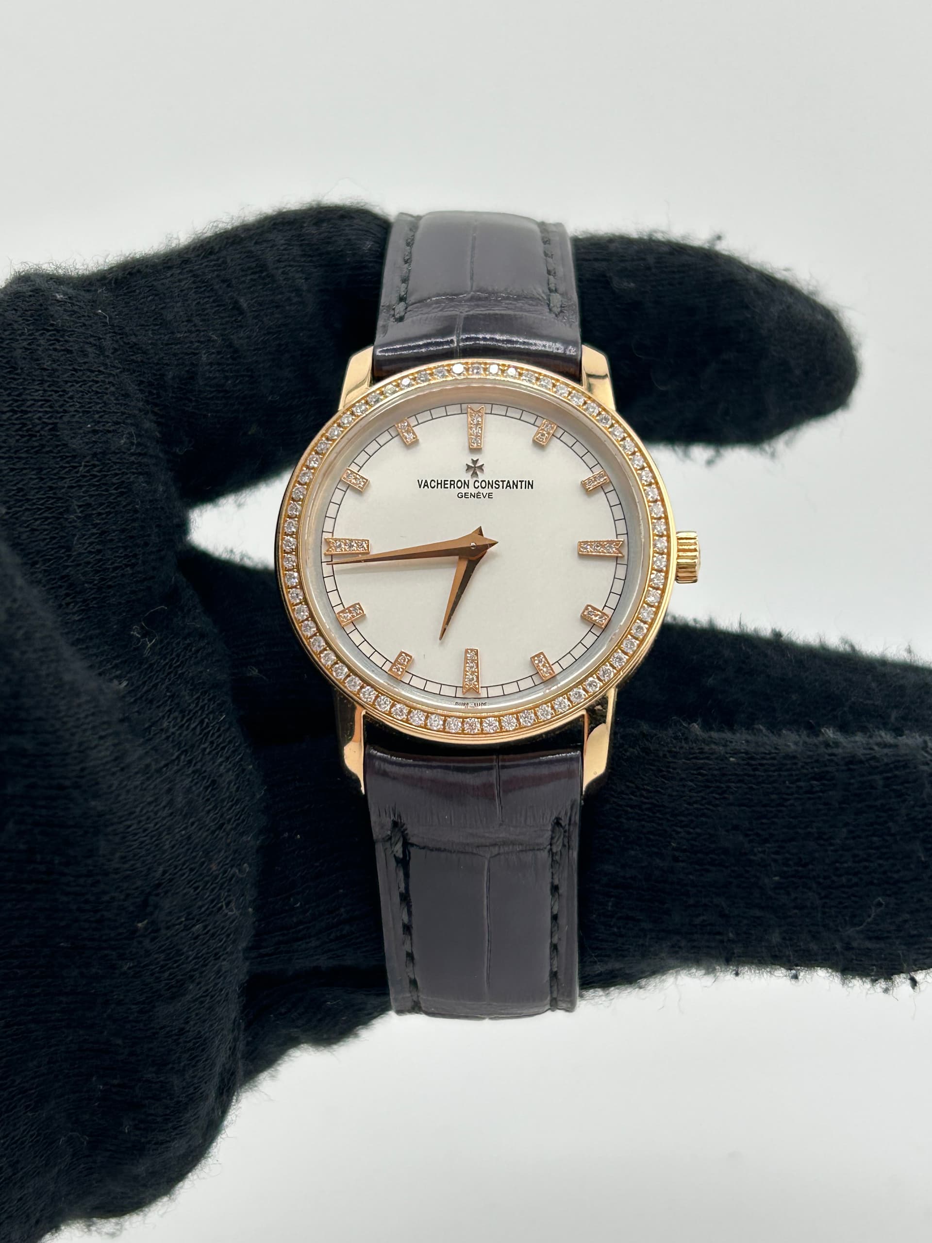 Vacheron Constantin Traditionnelle White Dial on Black Leather Strap Ref. 25558/000R — 30mm Rose Gold case, White dial, Black Leather Strap bracelet. Good. MSRP ~22,000.