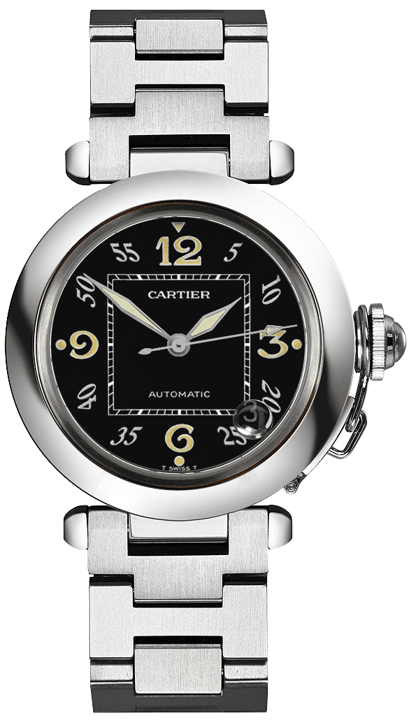 Cartier Pasha C Black Dial on Stainless Steel Ref. W31043M7 — 35mm Stainless Steel case, Black dial, Stainless Steel bracelet. Very Good.