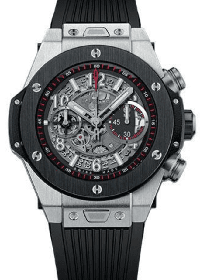 Hublot Big Bang Unico Gray Skeleton Dial on Black Rubber Band Ref. 411.NM.1170.RX — 45mm Titanium case, Gray Skeleton dial, Black Rubber Band bracelet. Good.