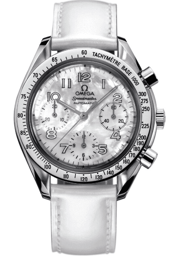 Omega Speedmaster White MOP Dial on Leather Strap Ref. 3802.70.56 with Card 2003 — 38mm Stainless Steel case, White Mop dial, Leather Strap bracelet. Fair, 2003.