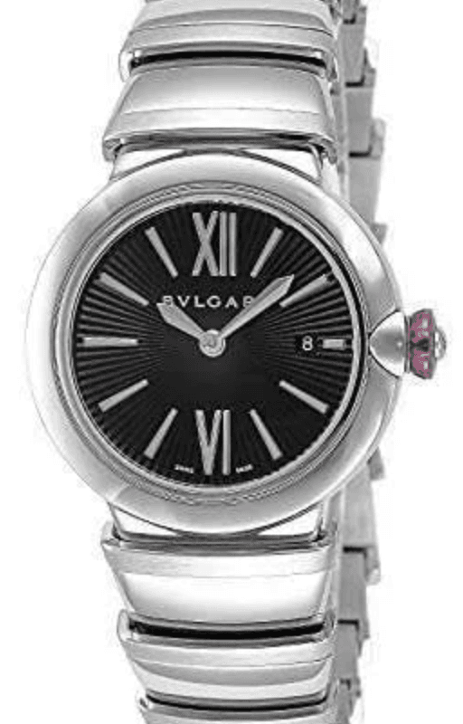 Bvlgari Lucea Black Dial on Stainless Steel Bracelet Ref. LU28S/LU28BSSD with Papers 2017 — 28mm Stainless Steel case, Black dial, Stainless Steel Bracelet bracelet. Good, 2017. Pink Cabochon stone on crown.