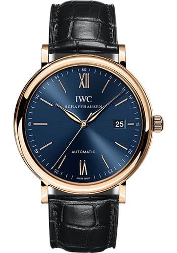 IWC Portofino Blue Dial on Leather Strap Ref. IW356522 with Card 2021 — 40mm Rose Gold case, Blue dial, Leather Strap bracelet. Excellent, 2021. Og box.