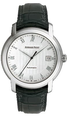 Audemars Piguet Jules 15120BC.OO.A002CR.01 — 39mm 18K White Gold case, White Roman dial, Black Leather Strap bracelet. Pre-Owned.