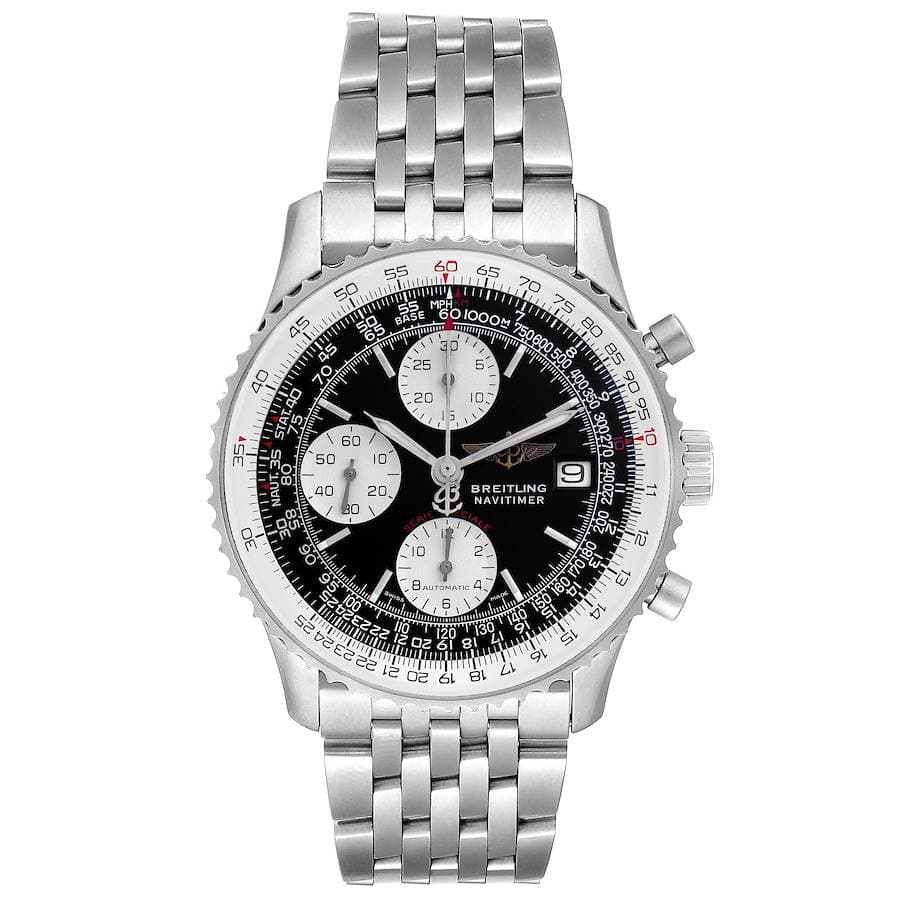 Breitling Navitimer Fighter Black Dial on Stainless Steel Bracelet Ref. A13330 with Card 2001 — 41.5mm Stainless Steel case, Black dial, Stainless Steel Bracelet bracelet. Very Good, 2001. BOX & PAPERS.