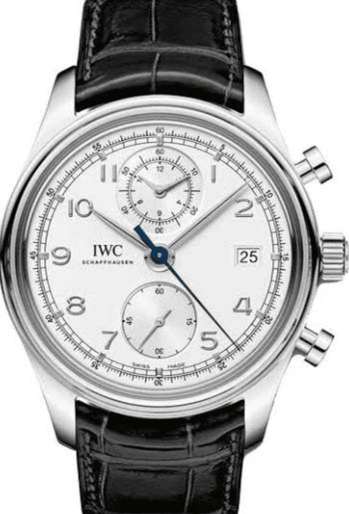 IWC Portugieser Chronograph Classic Silver Dial on Black Leather Strap Ref. 1W390403 — 42mm Stainless Steel case, Silver dial, Black Leather Strap bracelet. Good.