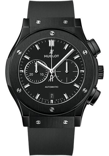 Hublot Classic Fusion Chronograph Black Carbon Effect Dial on Black Rubber Band Ref. 541.CM.1171.RX with Papers 2019 — 42mm Ceramic case, Black Carbon Effect dial, Black Rubber Band bracelet. Very Good, 2019. OG Box & Papers
(Inner Box is sticky and leaves residue).