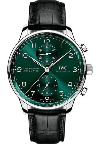 IWC Portugieser Chronograph Green Dial on Leather Strap Ref. IW371615 with Card 2020 — 41mm Stainless Steel case, Green dial, Leather Strap bracelet. Excellent, 2020. OG Box-LA.