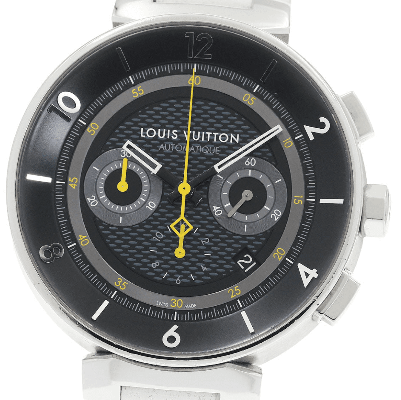 Louis Vuitton Tambour Moon Dark Gray Dial on Black Rubber Band Ref. Q8D40 — 43mm Stainless Steel case, Dark Gray dial, Black Rubber Band bracelet. Very Good.