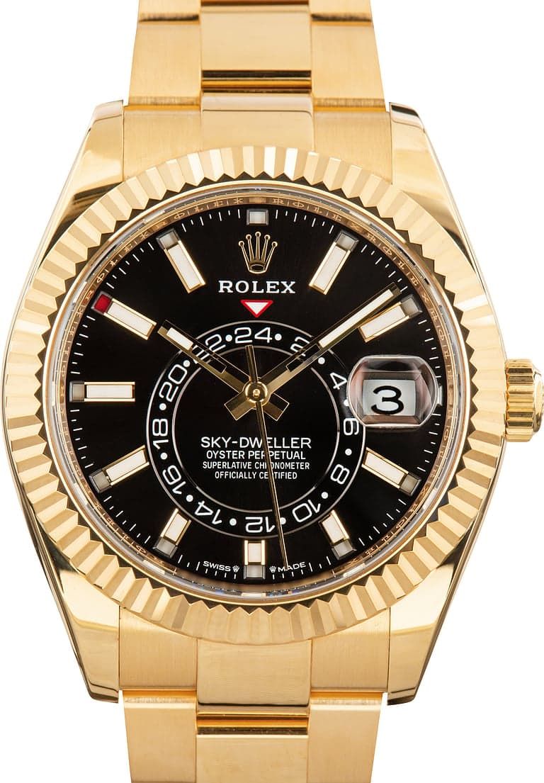 Rolex Sky-Dweller — 42mm 18K Yellow Gold case, Black dial, 18K YG Oyster bracelet. Excellent. Naked.