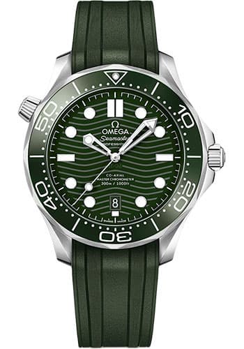 Omega Seamaster Diver 300M Co-Axial Master Chronometer Green Dial on Rubber Strap Ref. 210.32.42.20.10.001 with Card — 42mm Stainless Steel case, Green dial, Rubber Strap bracelet. Unworn. NEW WITH OG BOX & CARD.
MSRP=6300.